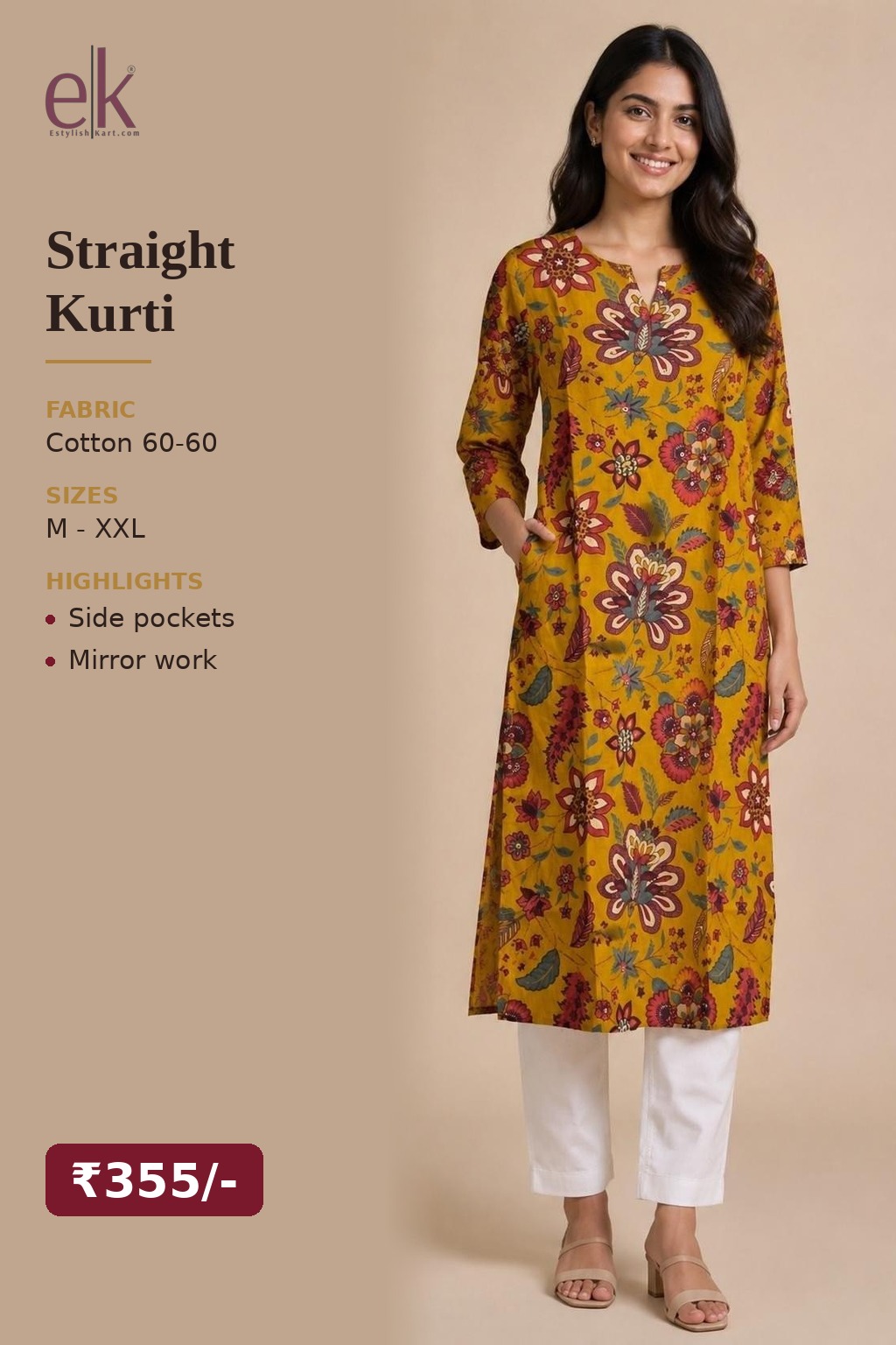 Women's Cotton Straight Kurti Mustard – Large Floral Print with Mirror Work — view 5