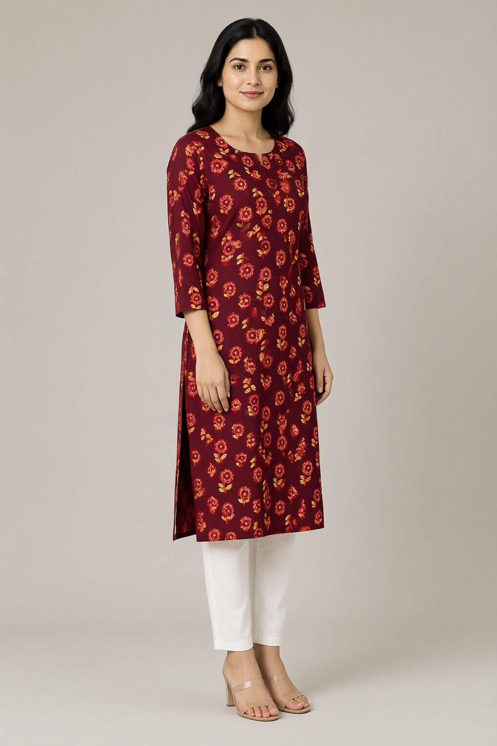 Women's Cotton Straight Kurti Maroon – Floral Print with Mirror Work — view 2