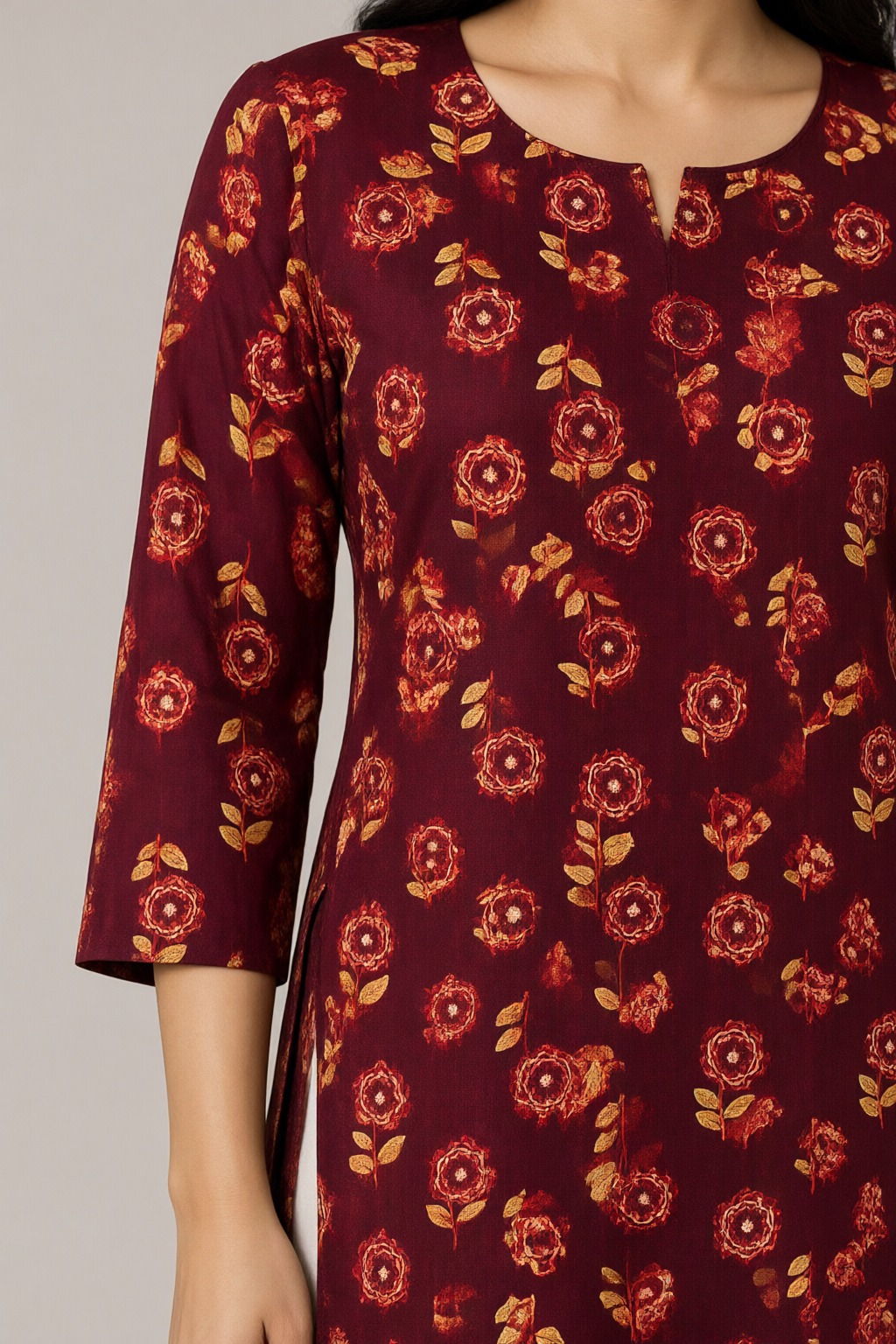 Women's Cotton Straight Kurti Maroon – Floral Print with Mirror Work — view 3