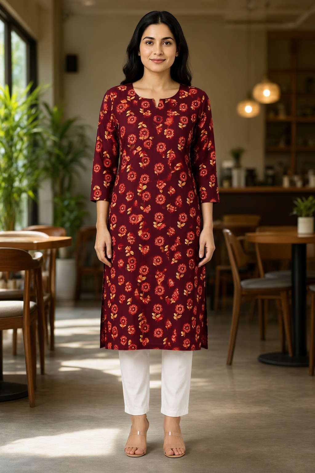 Women's Cotton Straight Kurti Maroon – Floral Print with Mirror Work — view 4
