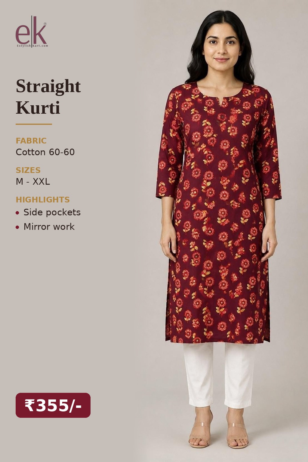 Women's Cotton Straight Kurti Maroon – Floral Print with Mirror Work — view 5