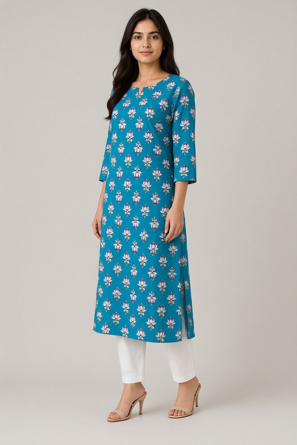 Women's Cotton Straight Kurti Sky Blue – Floral Buti Print with Mirror Work — view 2