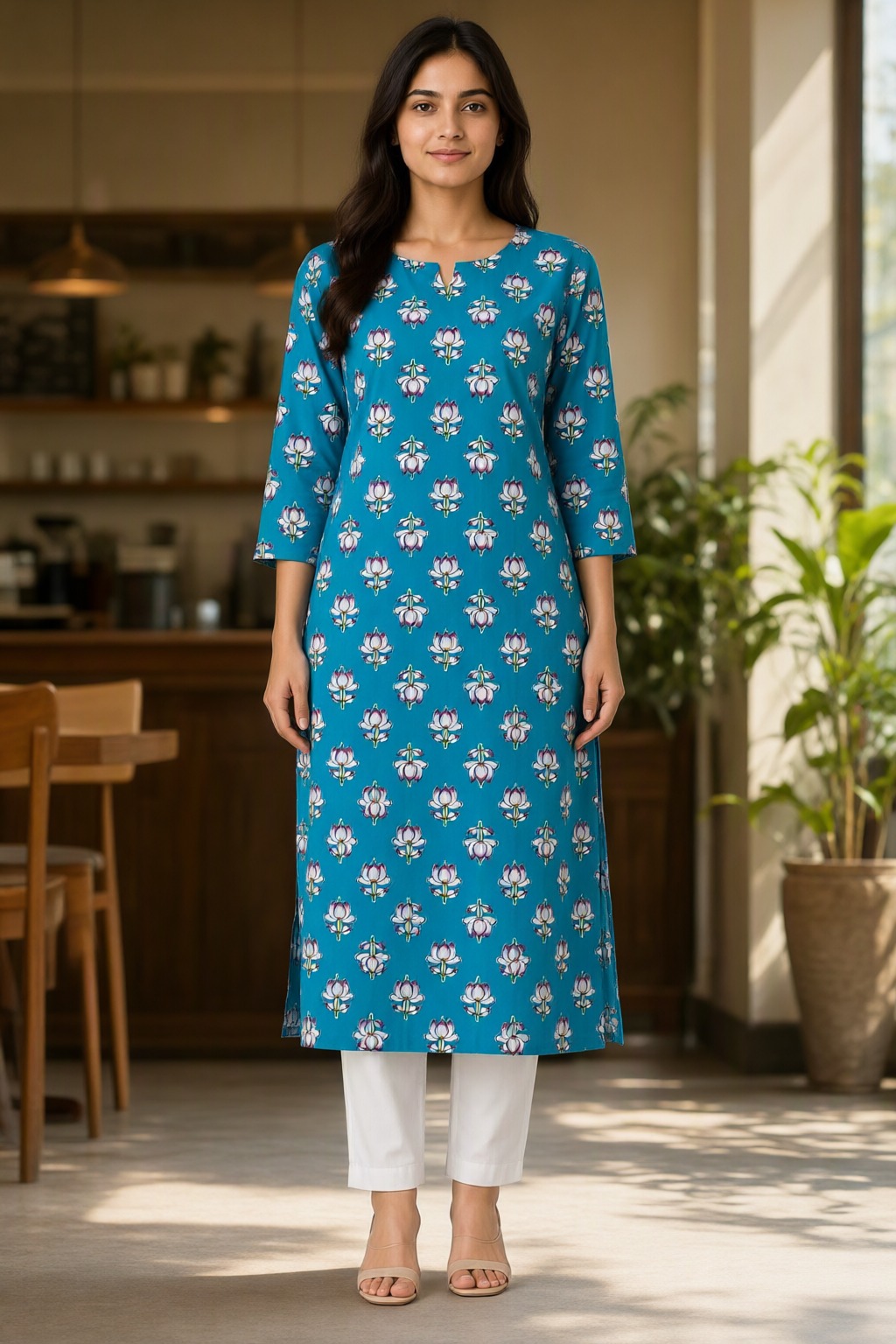 Women's Cotton Straight Kurti Sky Blue – Floral Buti Print with Mirror Work — view 4