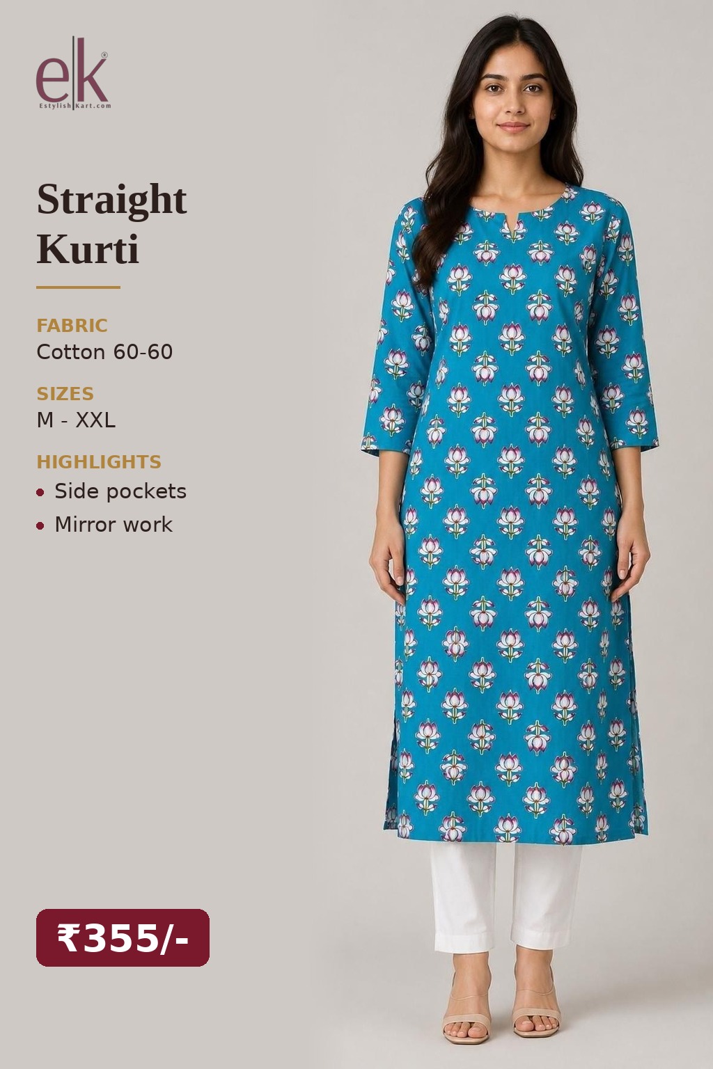 Women's Cotton Straight Kurti Sky Blue – Floral Buti Print with Mirror Work — view 5