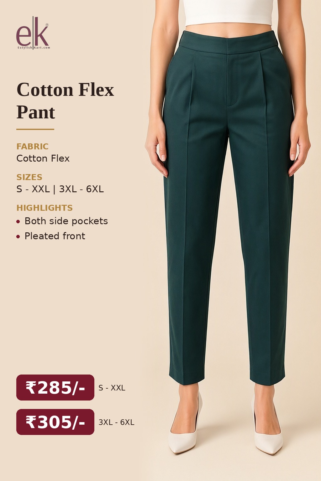 Women's Cotton Flex Pleated Pant Bottle Green — view 5