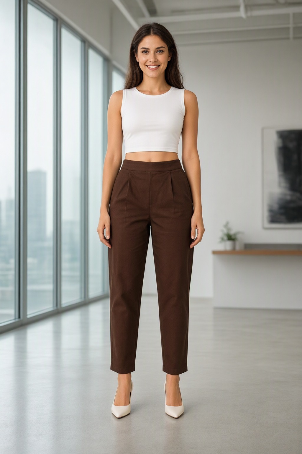 Women's Cotton Flex Pleated Pant Brown — view 4