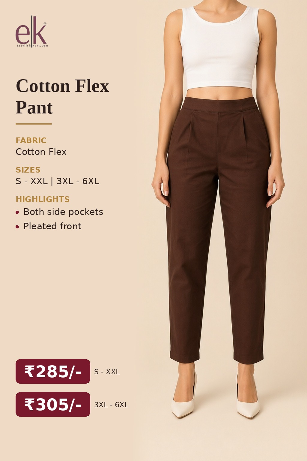 Women's Cotton Flex Pleated Pant Brown — view 5