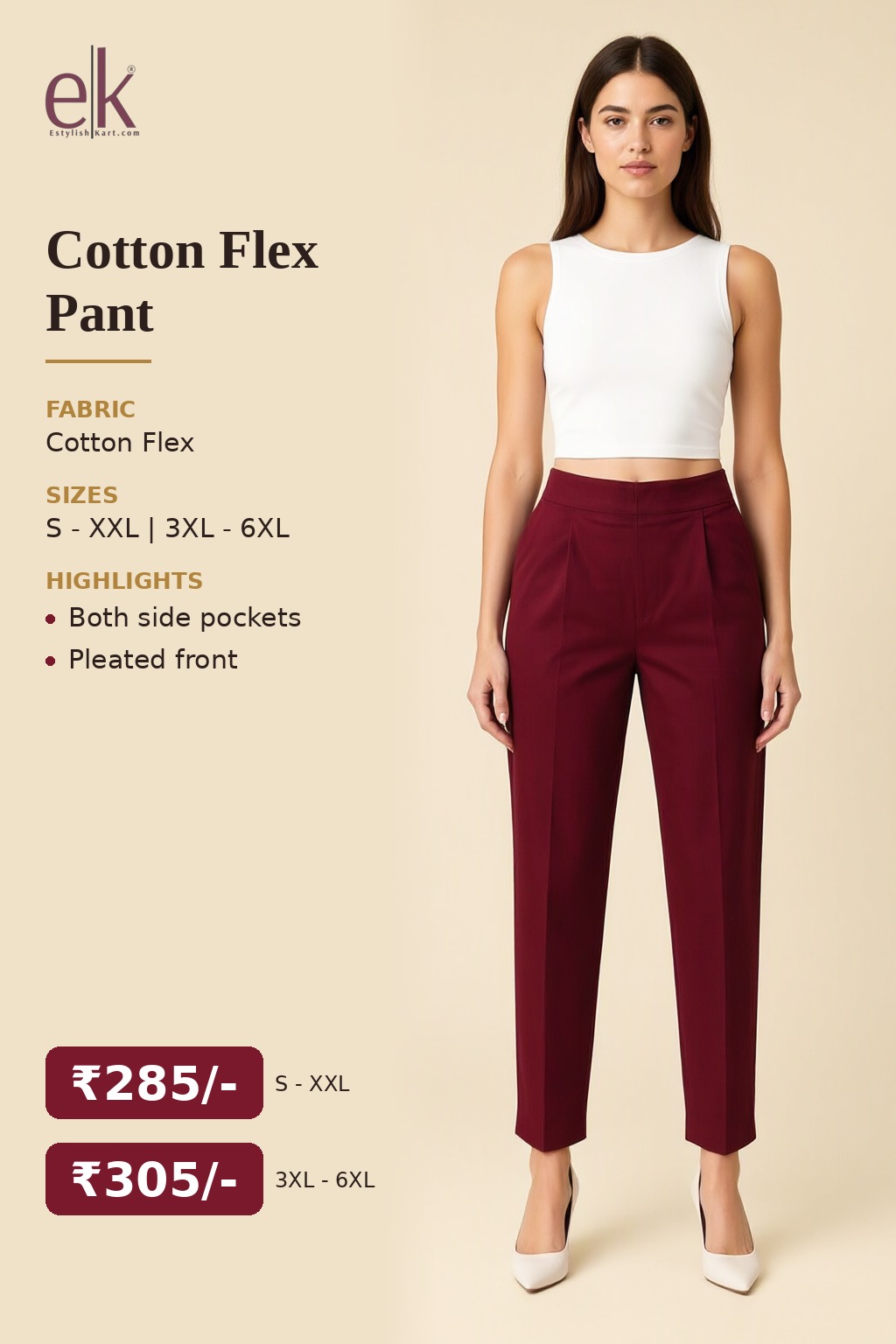 Women's Cotton Flex Pleated Pant Maroon — view 5