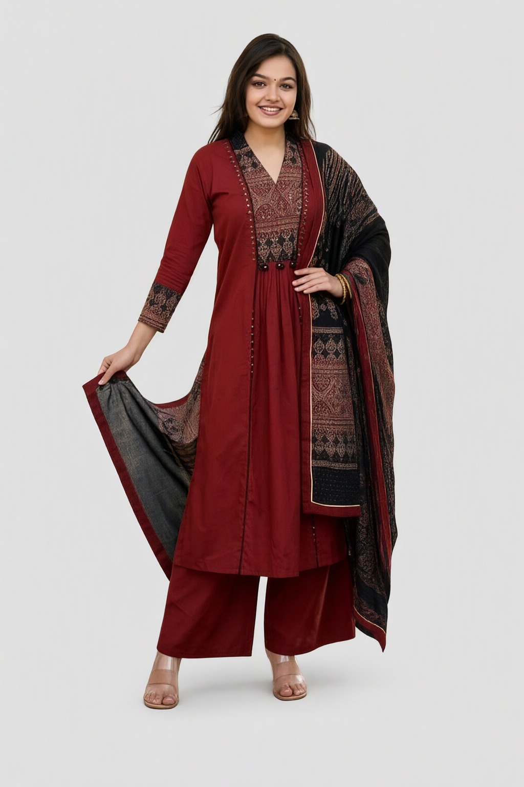 Women's Cotton 3 Pc Suit Set Maroon – Embroidered Yoke with Printed Dupatta