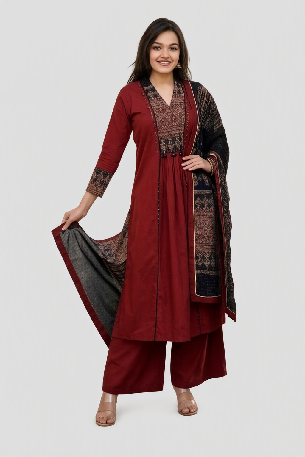Women's Cotton 3 Pc Suit Set Maroon – Embroidered Yoke with Printed Dupatta — view 2