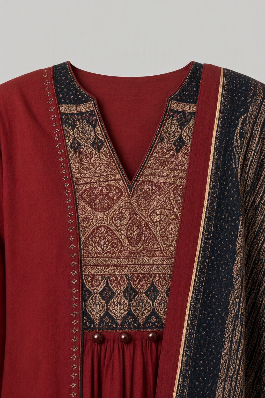 Women's Cotton 3 Pc Suit Set Maroon – Embroidered Yoke with Printed Dupatta — view 3