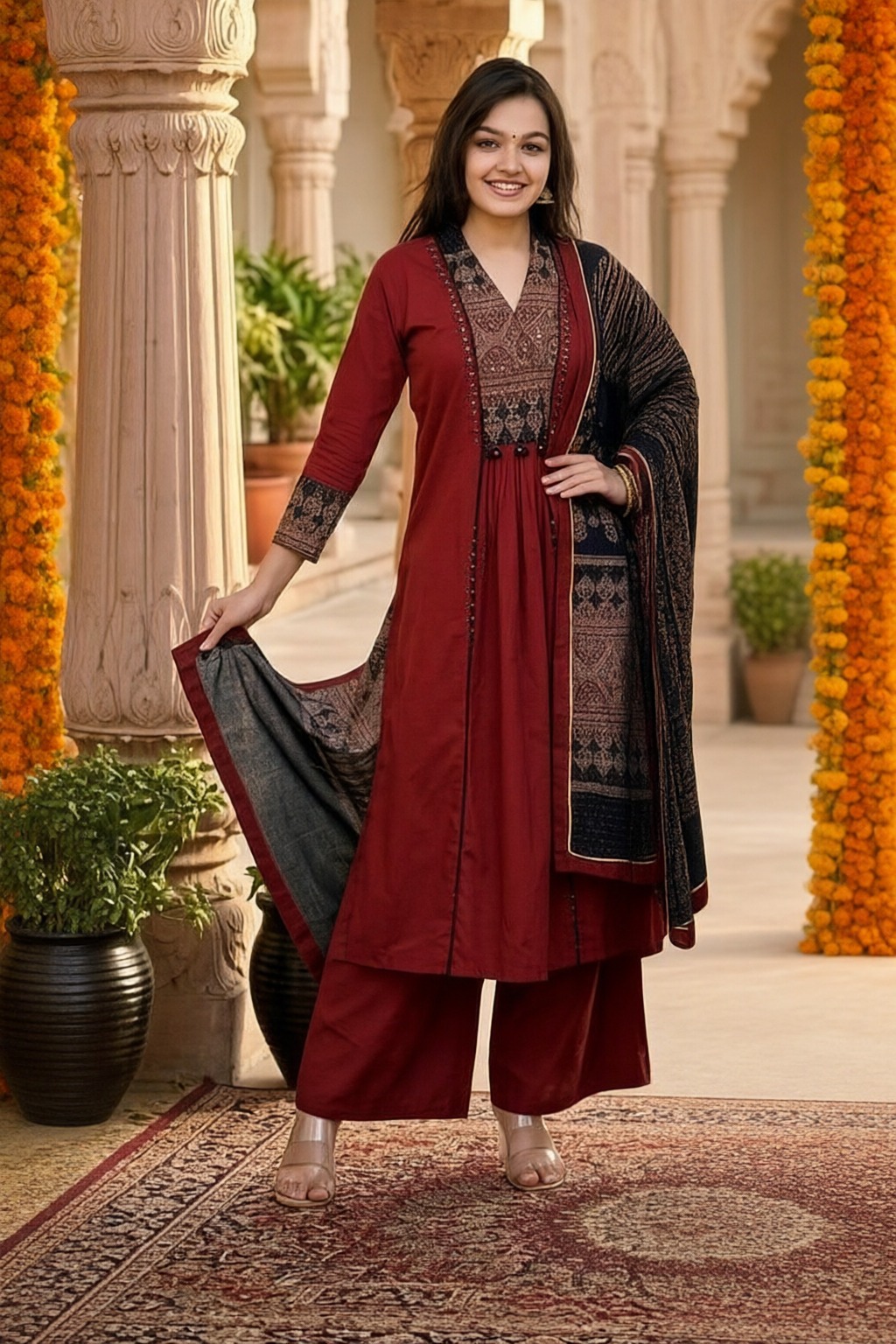 Women's Cotton 3 Pc Suit Set Maroon – Embroidered Yoke with Printed Dupatta — view 4