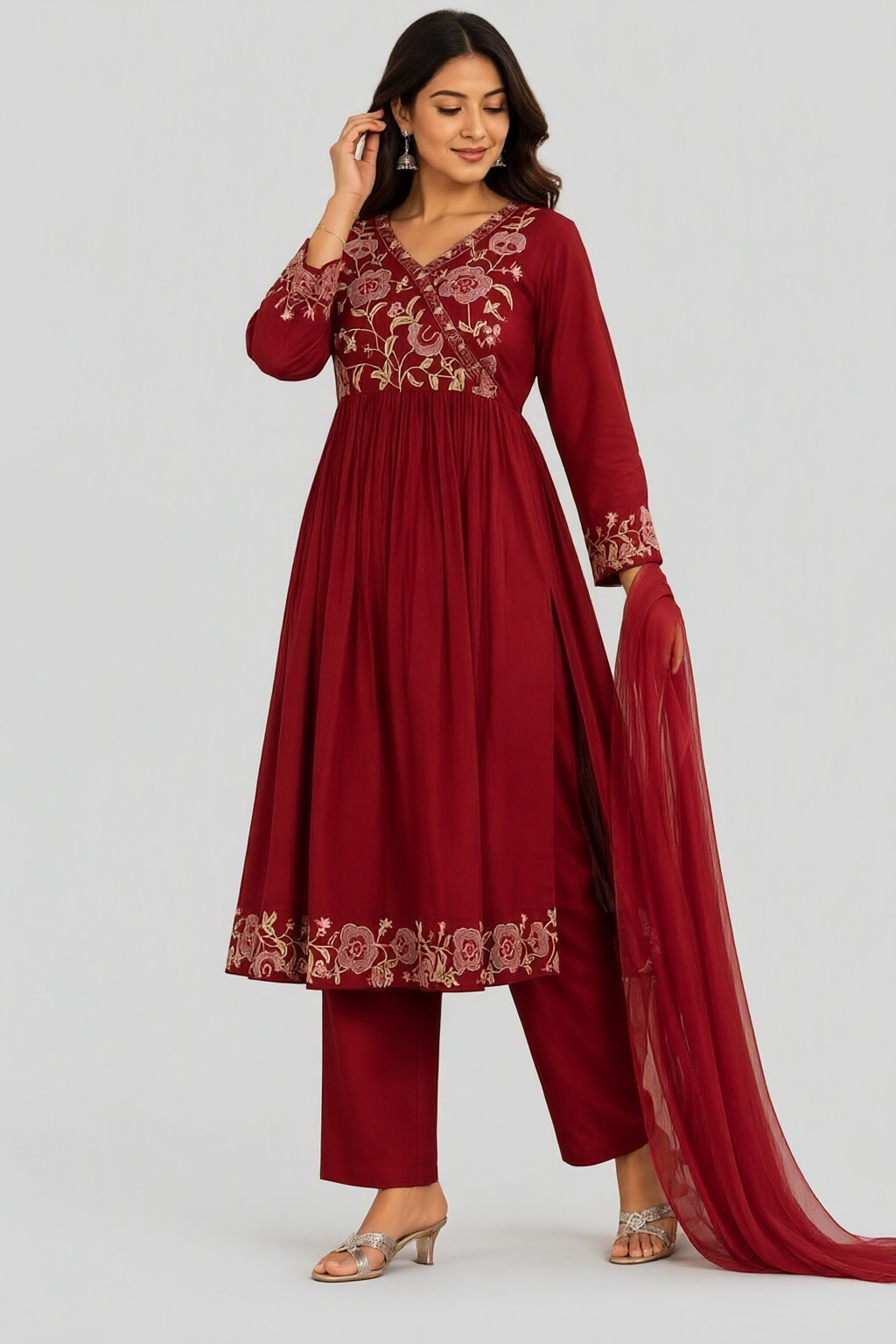 Women's Cotton 3 Pc Suit Set Maroon – Embroidered Yoke — view 2