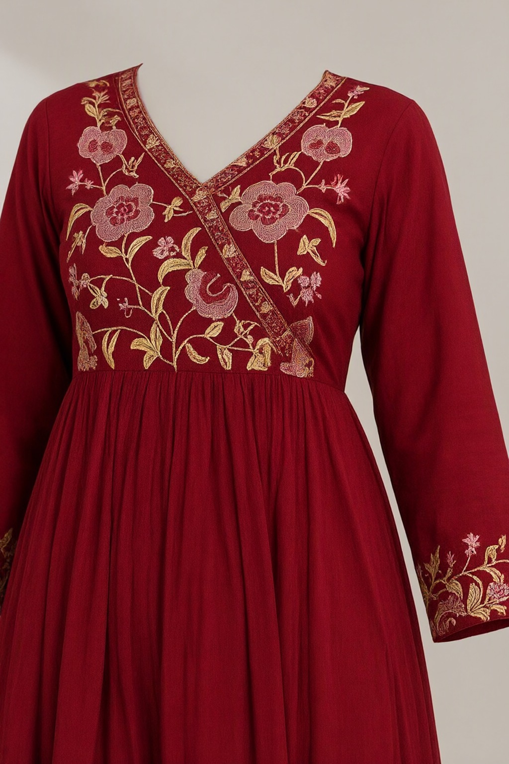 Women's Cotton 3 Pc Suit Set Maroon – Embroidered Yoke — view 3