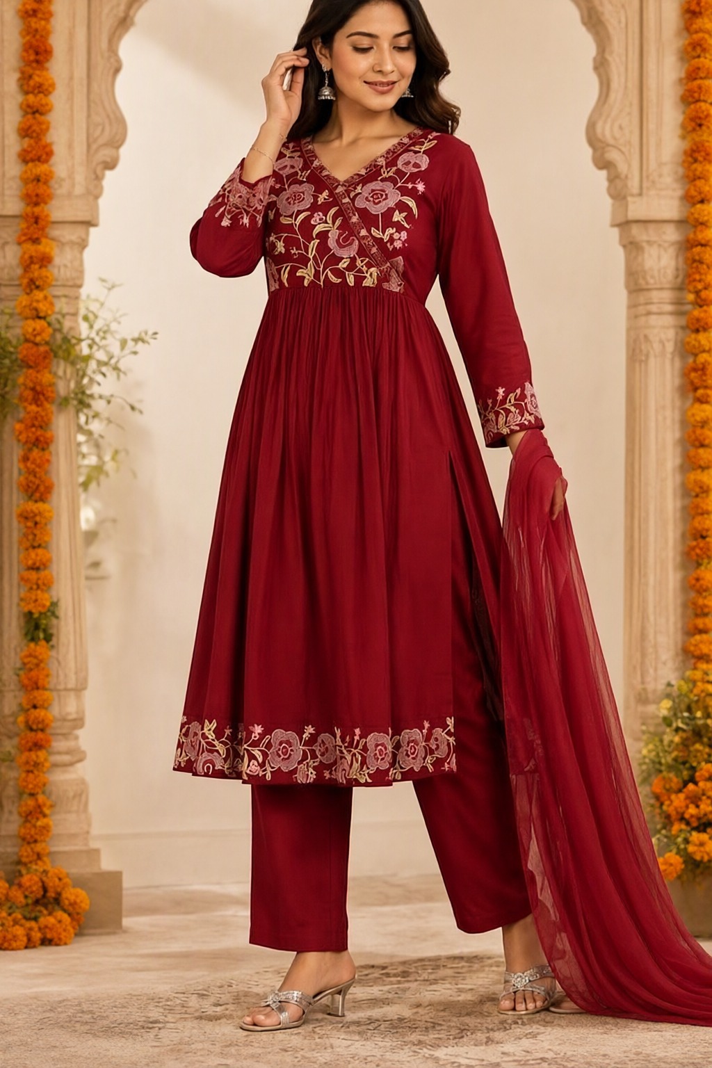 Women's Cotton 3 Pc Suit Set Maroon – Embroidered Yoke — view 4