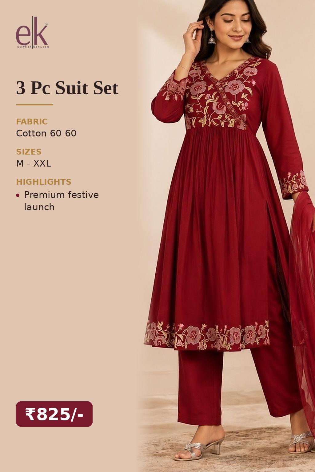 Women's Cotton 3 Pc Suit Set Maroon – Embroidered Yoke — view 5