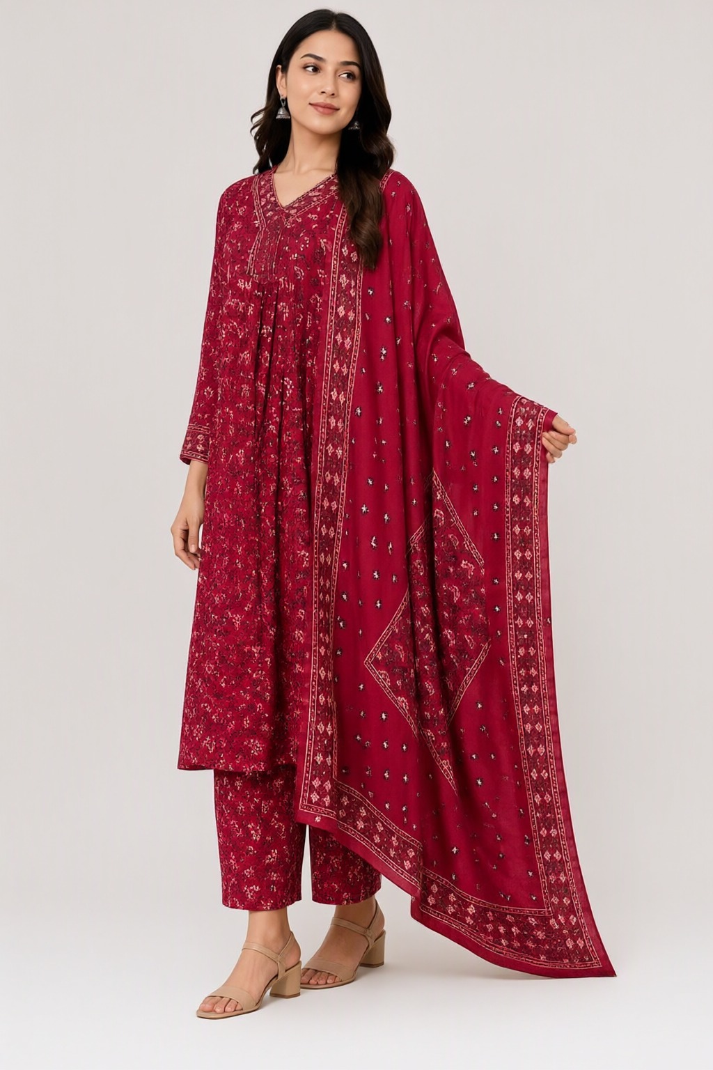 Women's Cotton Anarkali 3 Pc Suit Set Red – Printed — view 2