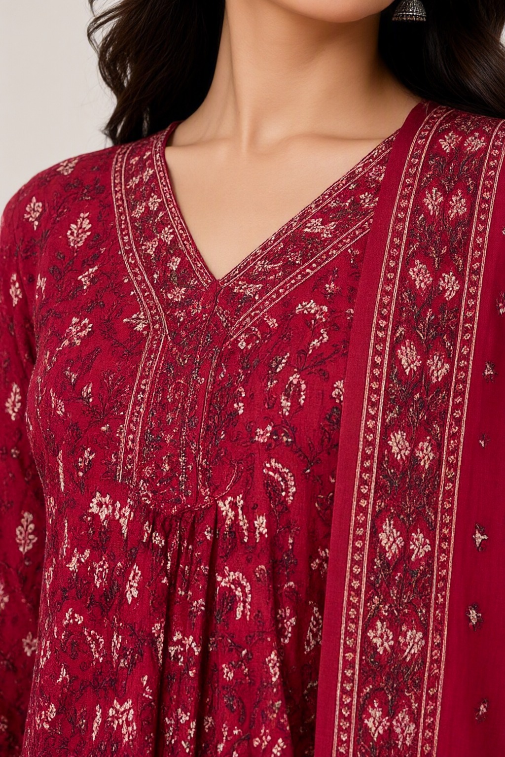 Women's Cotton Anarkali 3 Pc Suit Set Red – Printed — view 3