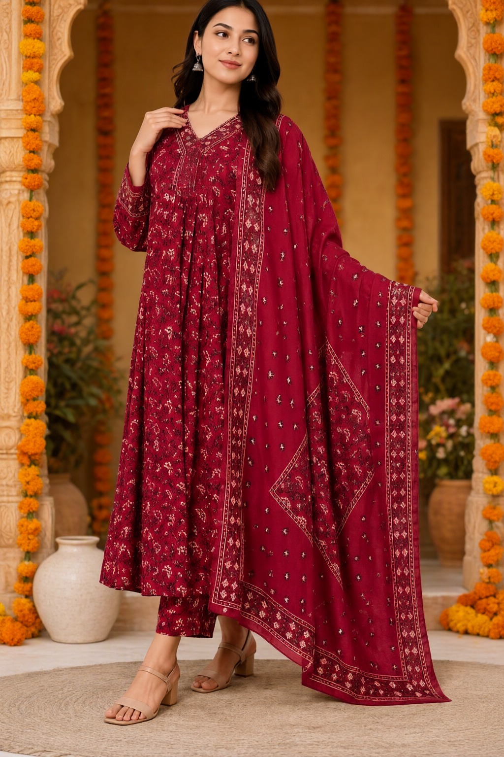 Women's Cotton Anarkali 3 Pc Suit Set Red – Printed — view 4