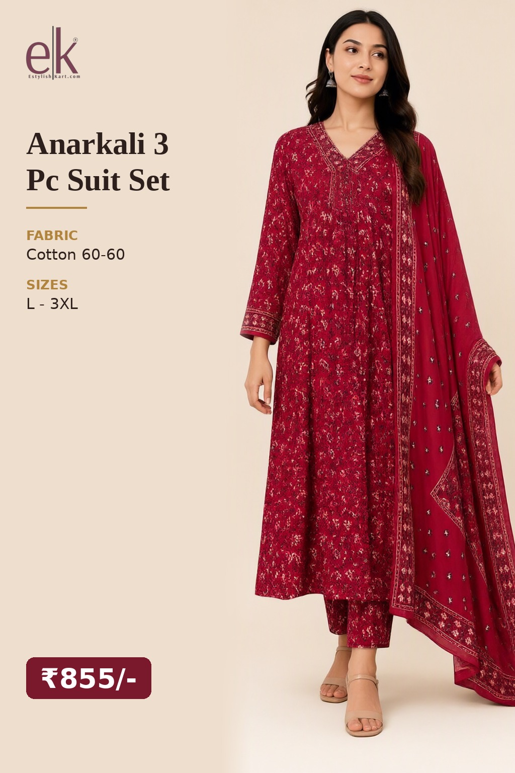 Women's Cotton Anarkali 3 Pc Suit Set Red – Printed — view 5