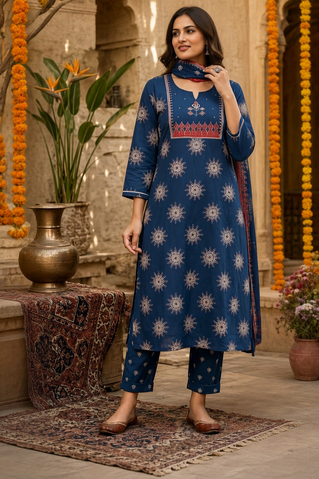 Women's Cotton 3 Pc Suit Set Navy Blue – Star Motif Print — view 4
