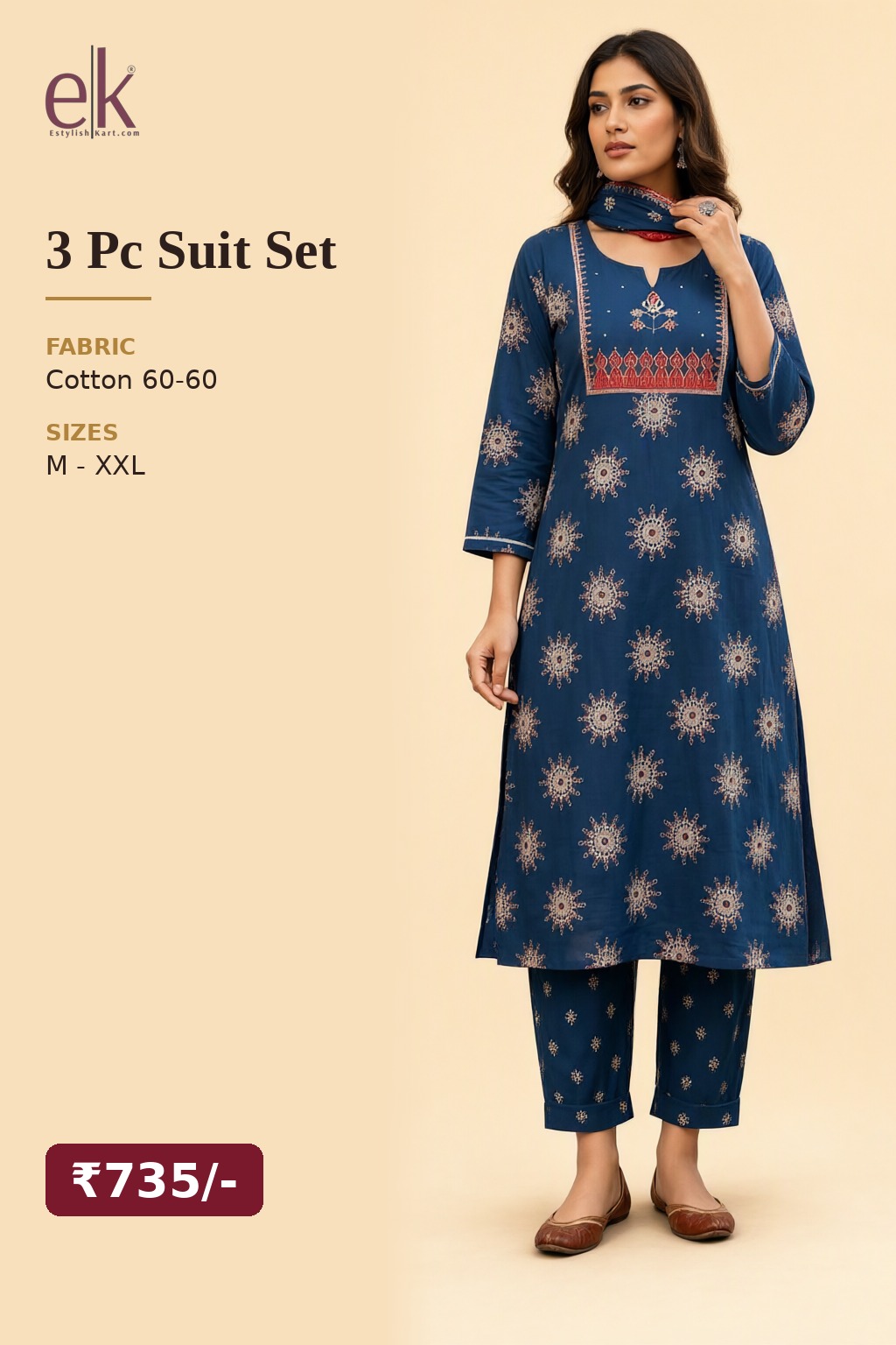 Women's Cotton 3 Pc Suit Set Navy Blue – Star Motif Print — view 5