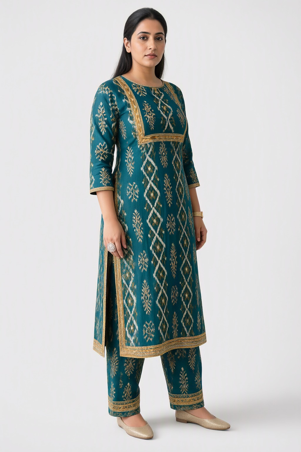 Women's Cotton 3 Pc Suit Set Teal – Kalamkari Print — view 2