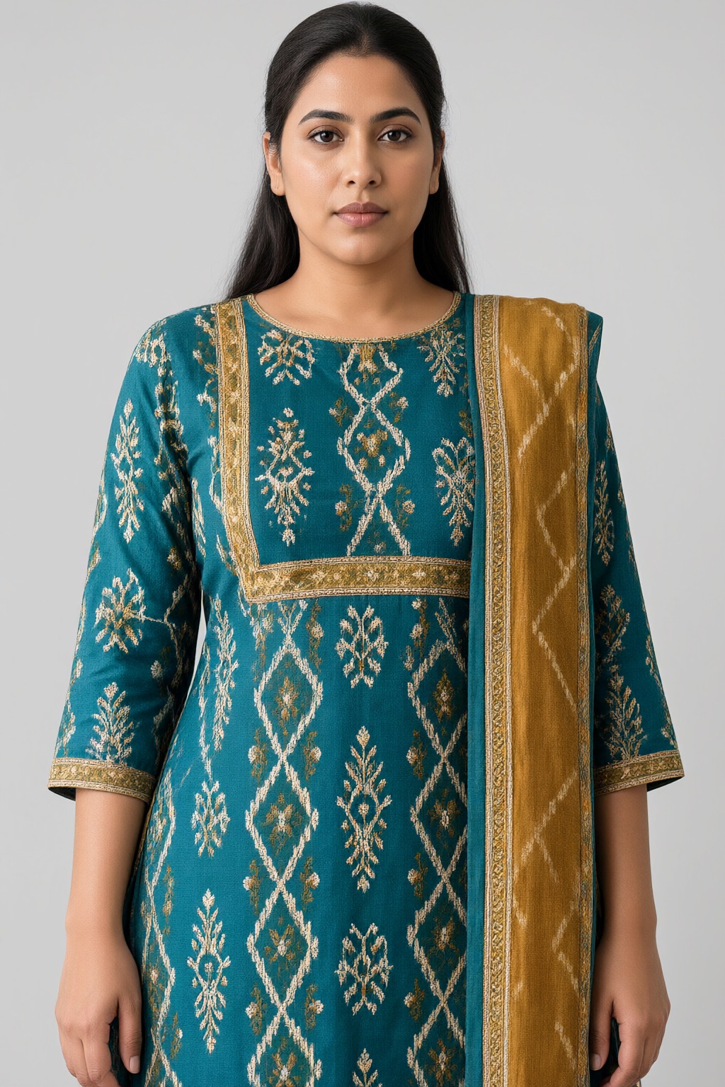 Women's Cotton 3 Pc Suit Set Teal – Kalamkari Print — view 3