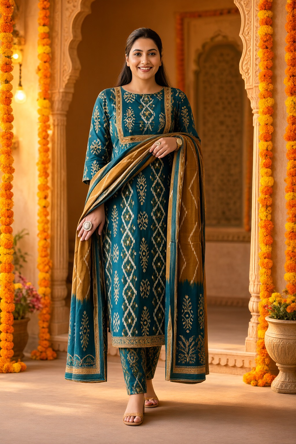 Women's Cotton 3 Pc Suit Set Teal – Kalamkari Print — view 4