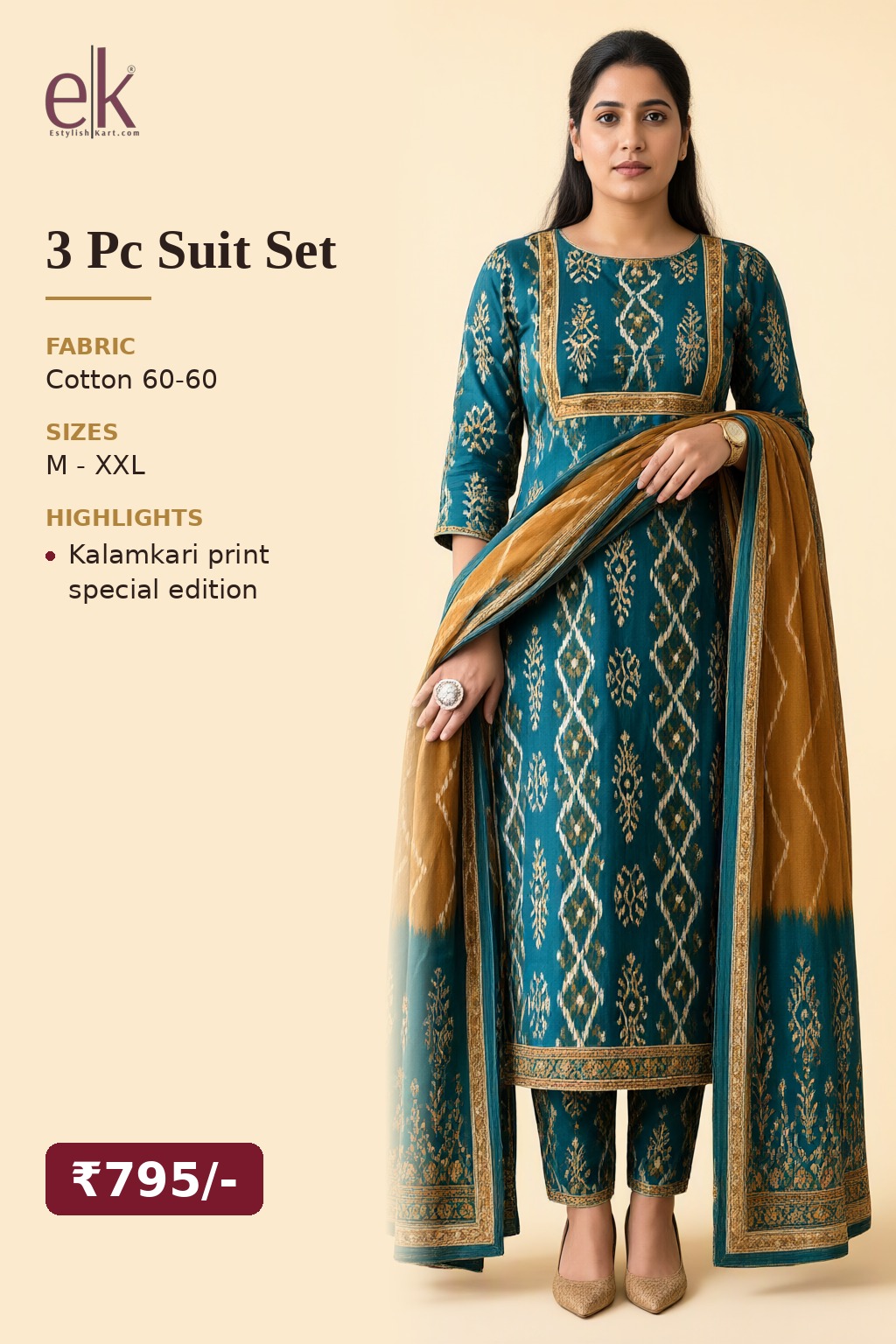 Women's Cotton 3 Pc Suit Set Teal – Kalamkari Print — view 5