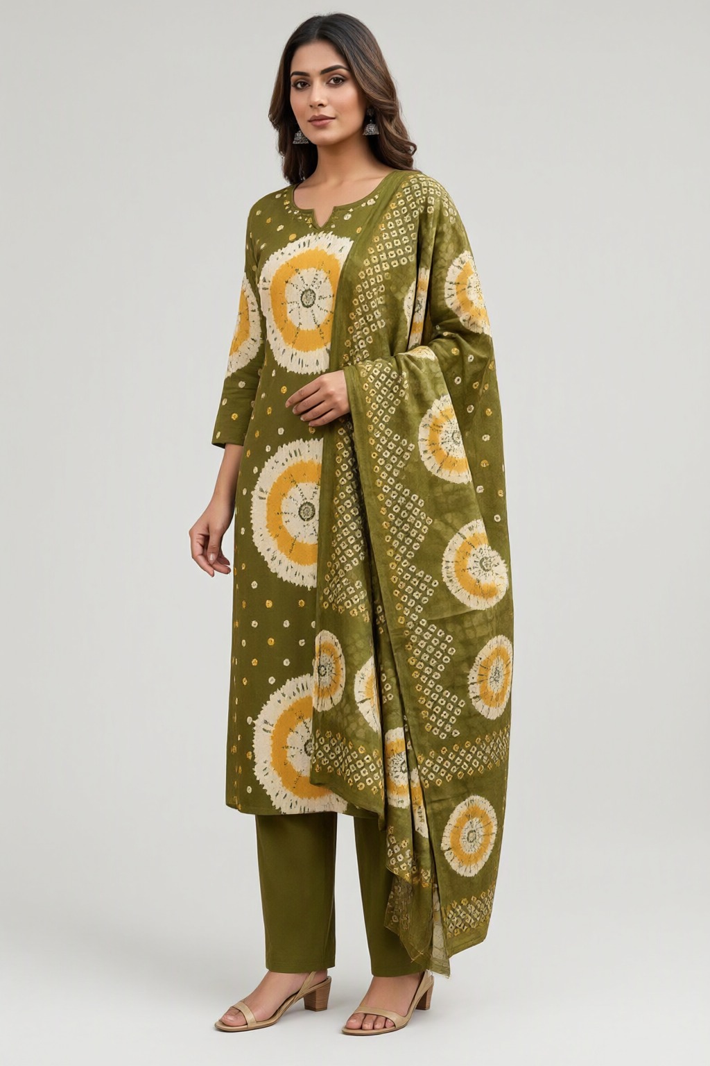 Women's Cotton 3 Pc Suit Set Olive Green – Shibori Print — view 2