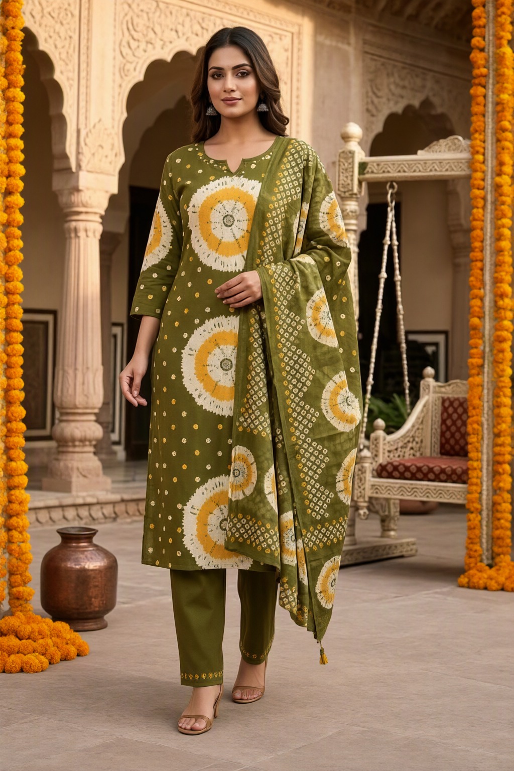 Women's Cotton 3 Pc Suit Set Olive Green – Shibori Print — view 4