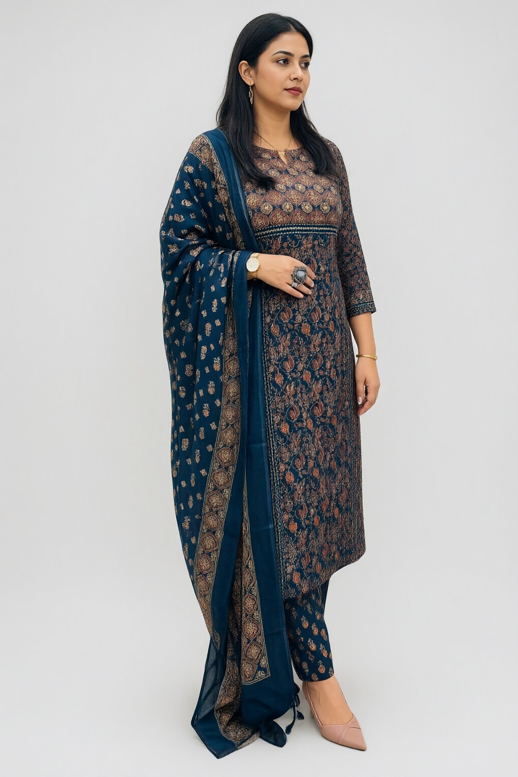 Women's Cotton 3 Pc Suit Set Navy Blue – Block Print — view 2