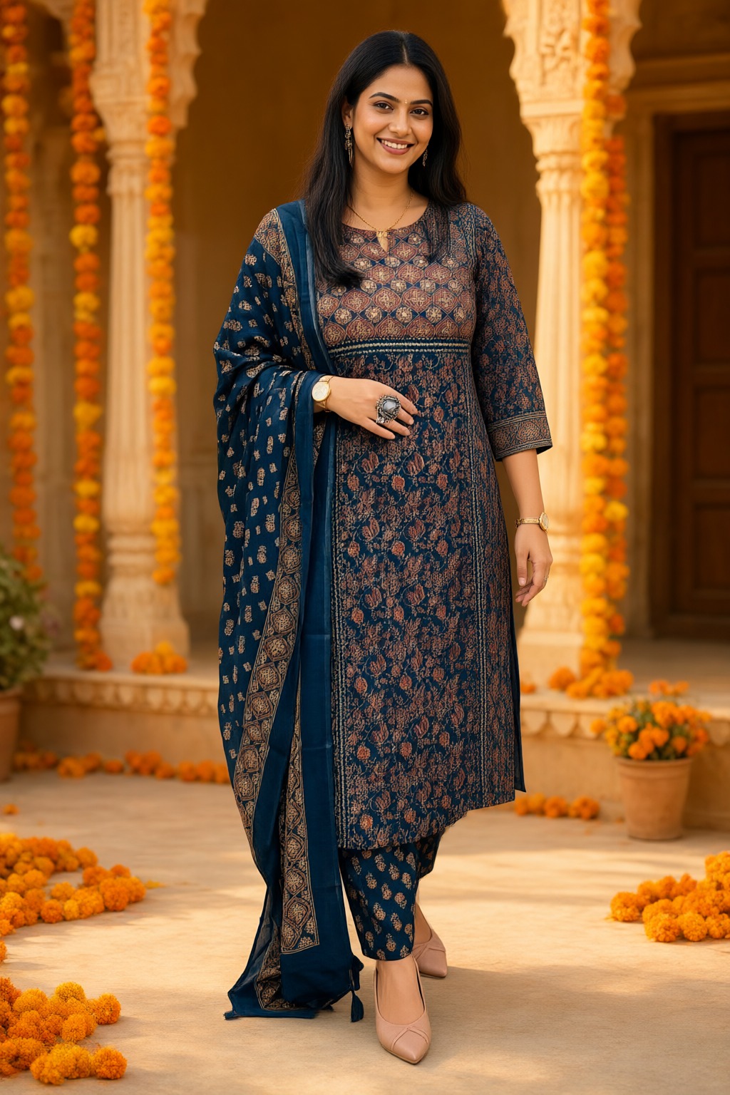 Women's Cotton 3 Pc Suit Set Navy Blue – Block Print — view 4