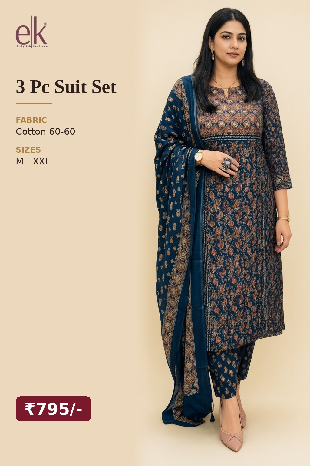 Women's Cotton 3 Pc Suit Set Navy Blue – Block Print — view 5