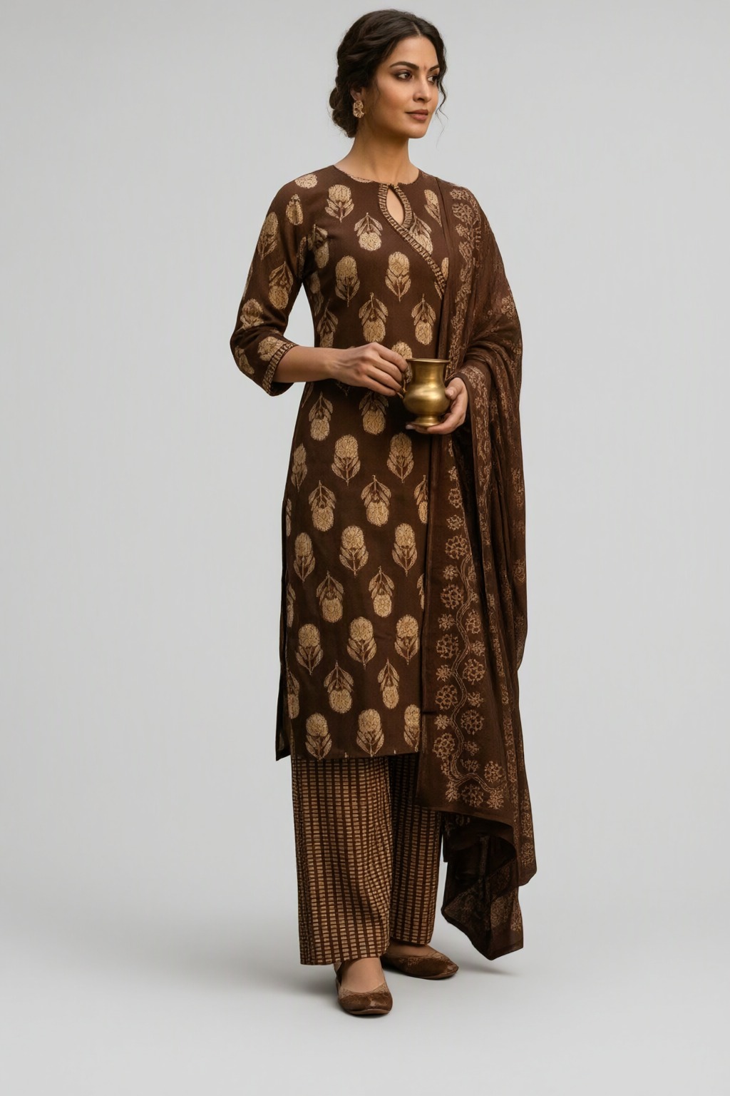 Women's Cotton 3 Pc Suit Set Brown – Buta Print — view 2