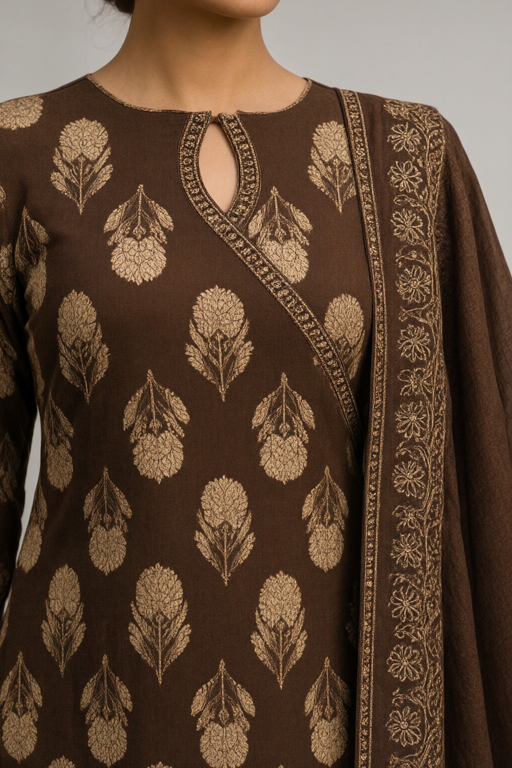 Women's Cotton 3 Pc Suit Set Brown – Buta Print — view 3