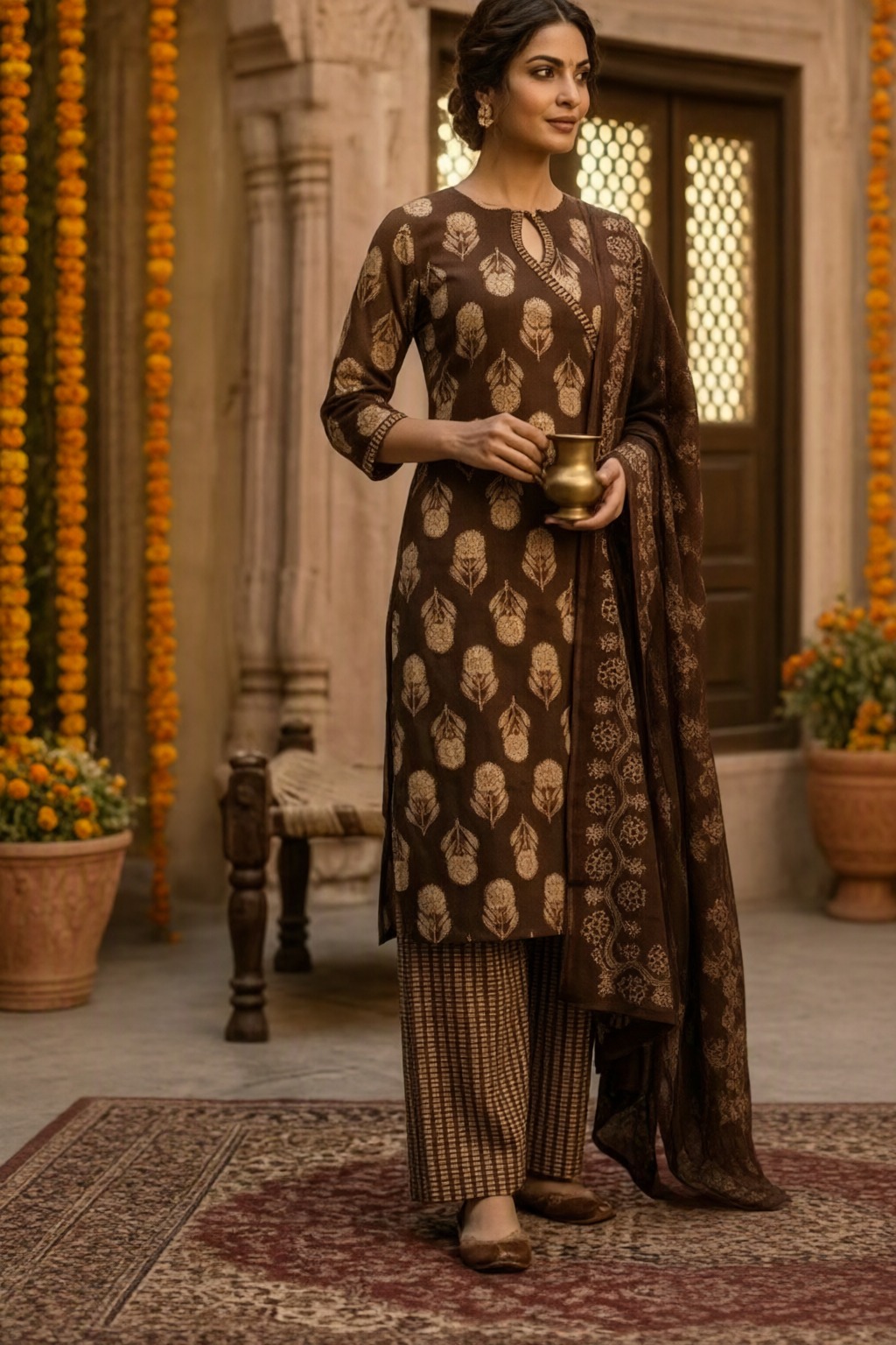 Women's Cotton 3 Pc Suit Set Brown – Buta Print — view 4
