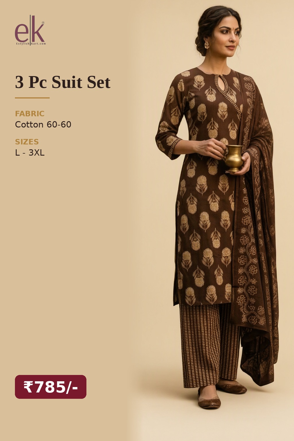 Women's Cotton 3 Pc Suit Set Brown – Buta Print — view 5