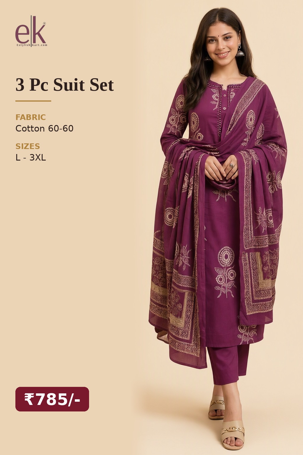 Women's Cotton 3 Pc Suit Set Magenta – Printed — view 5