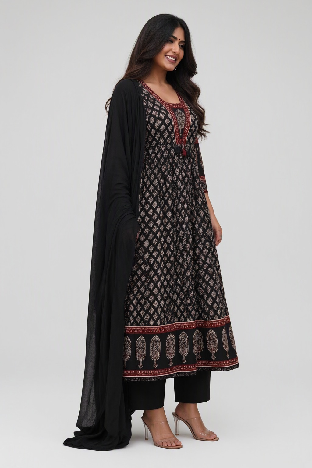 Women's Cotton Taj Anarkali 3 Pc Suit Set Black – Block Print — view 2