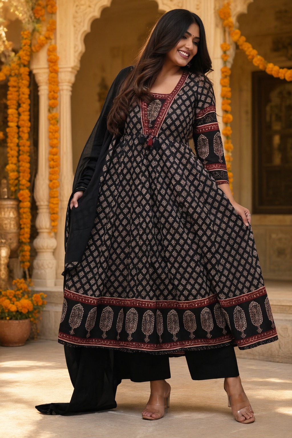 Women's Cotton Taj Anarkali 3 Pc Suit Set Black – Block Print — view 4