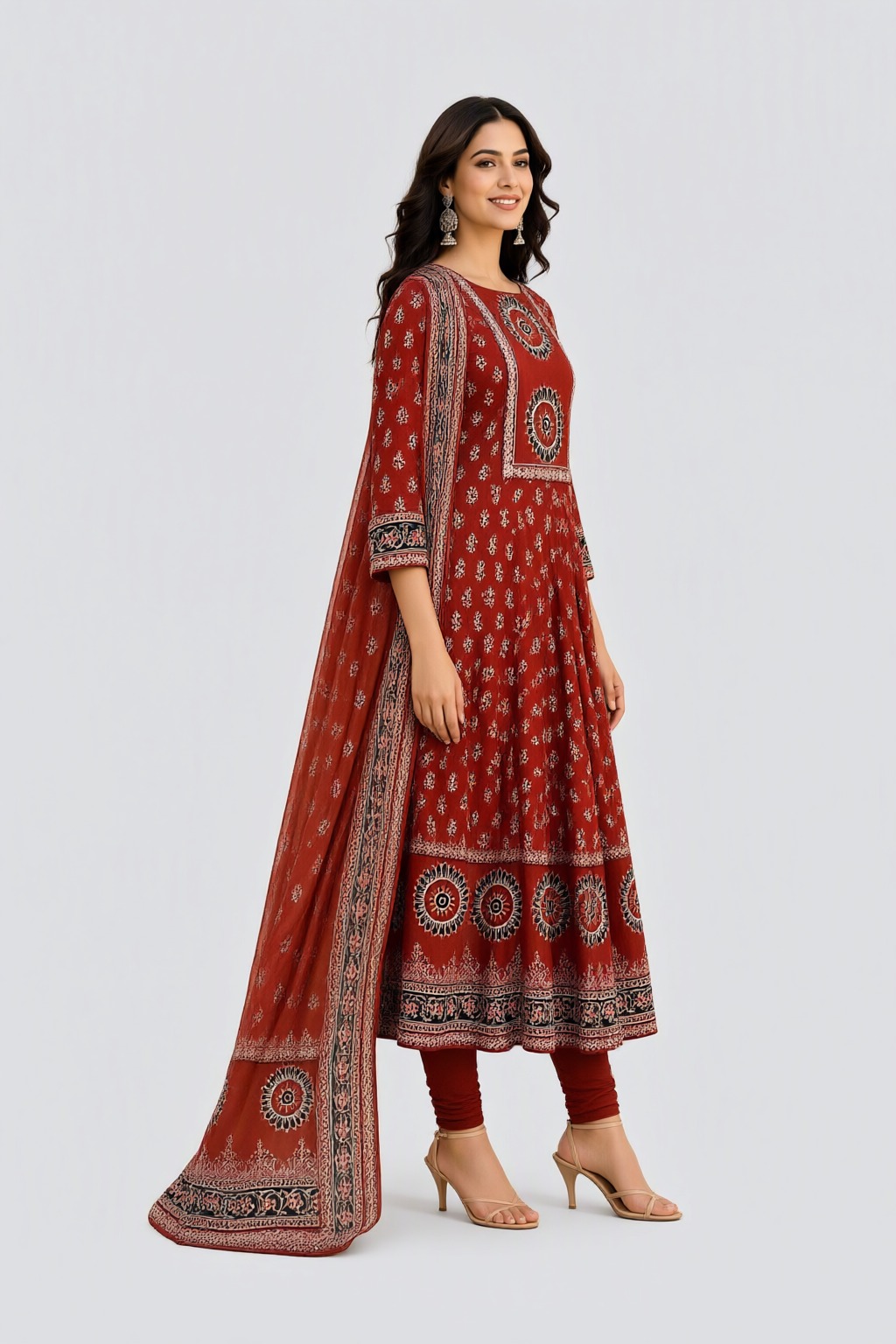 Women's Cotton Taj Anarkali 3 Pc Suit Set Rust Red – Ethnic Print — view 2