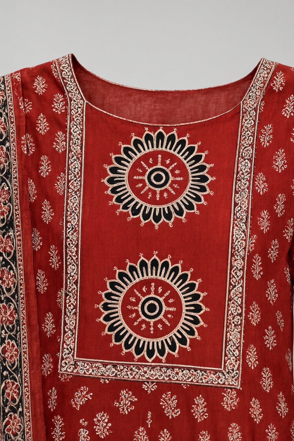 Women's Cotton Taj Anarkali 3 Pc Suit Set Rust Red – Ethnic Print — view 3