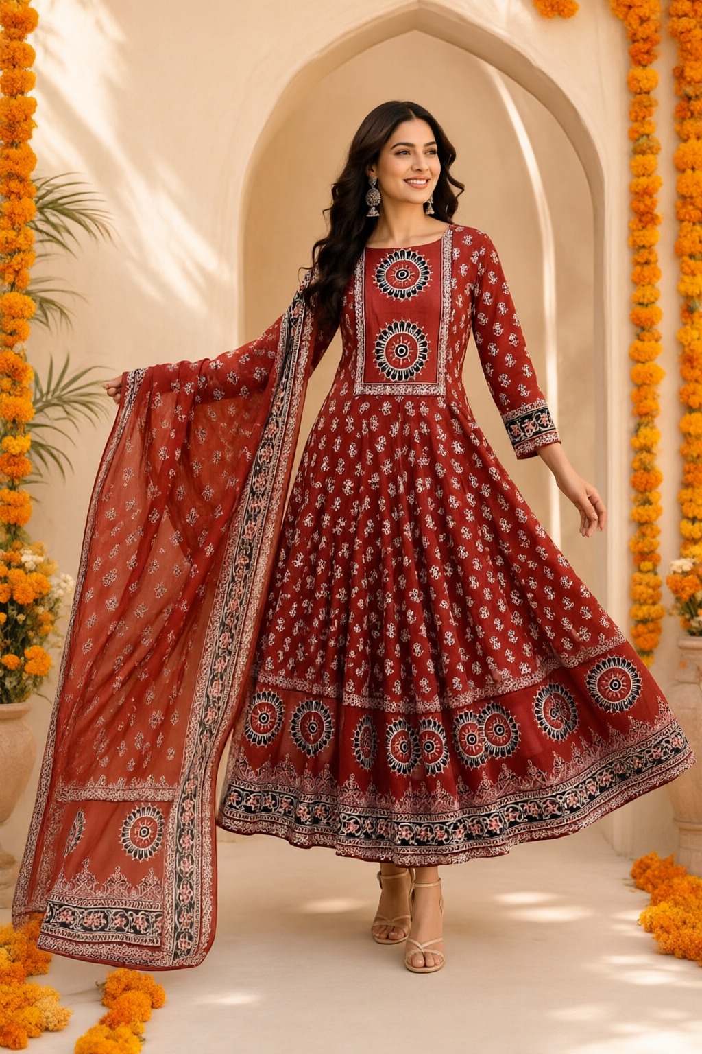 Women's Cotton Taj Anarkali 3 Pc Suit Set Rust Red – Ethnic Print — view 4