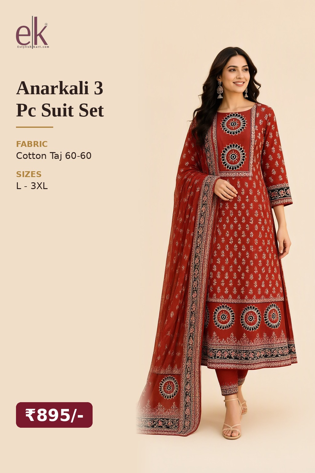 Women's Cotton Taj Anarkali 3 Pc Suit Set Rust Red – Ethnic Print — view 5