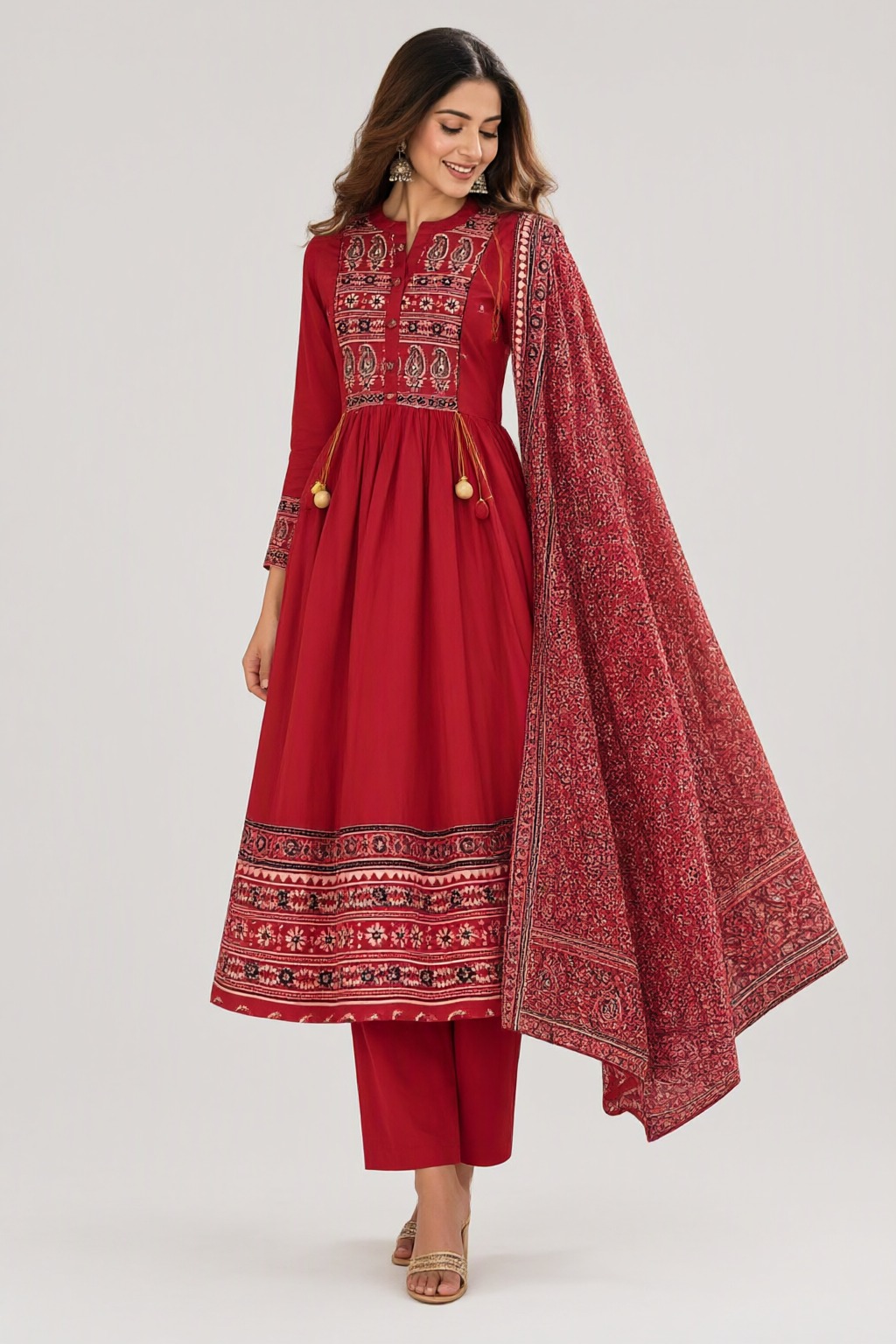 Women's Cotton Taj Anarkali 3 Pc Suit Set Red – Printed with Tassels — view 2