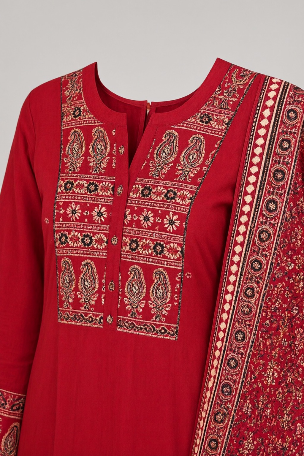 Women's Cotton Taj Anarkali 3 Pc Suit Set Red – Printed with Tassels — view 3