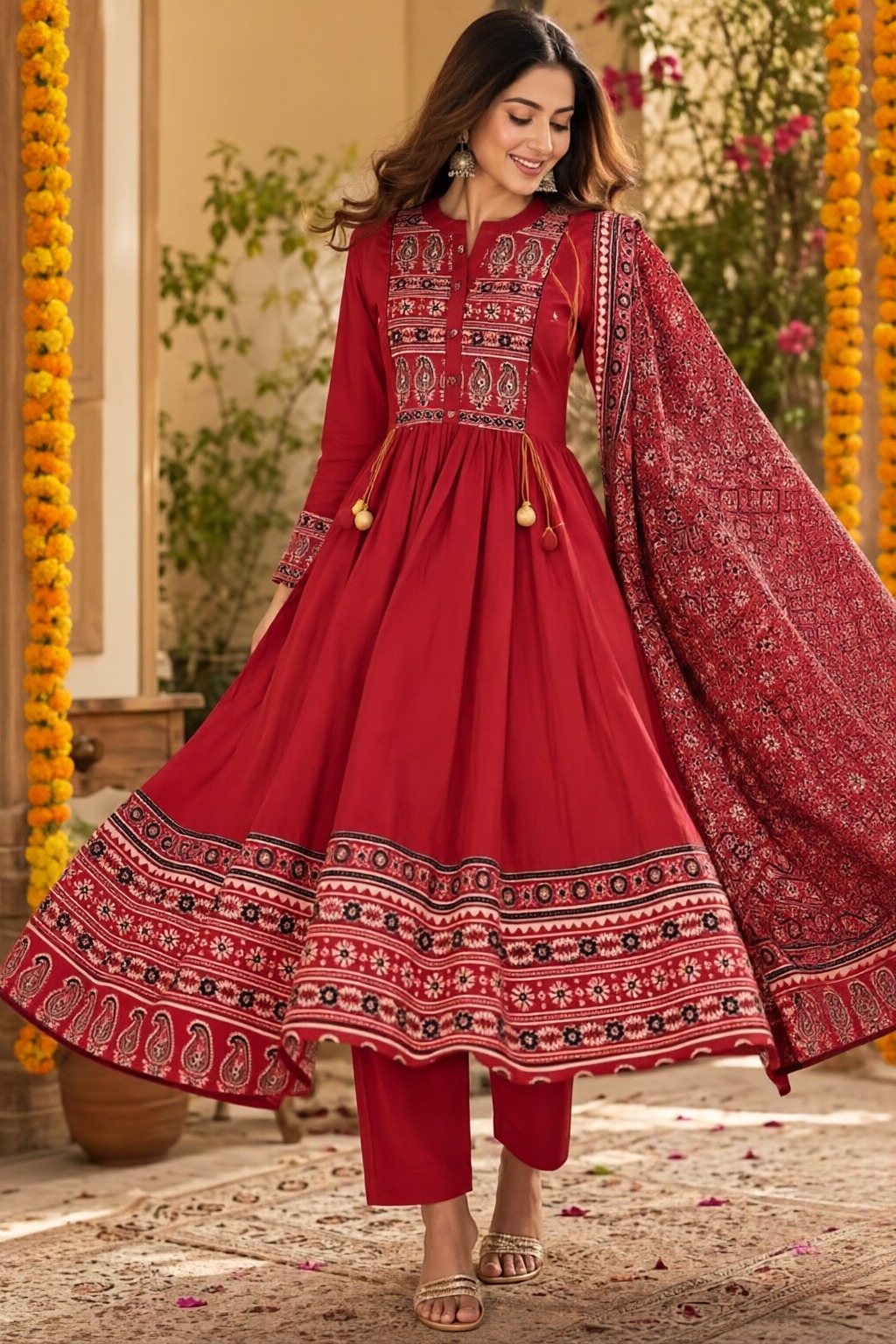 Women's Cotton Taj Anarkali 3 Pc Suit Set Red – Printed with Tassels — view 4