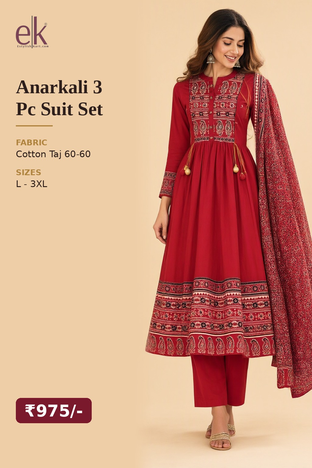 Women's Cotton Taj Anarkali 3 Pc Suit Set Red – Printed with Tassels — view 5